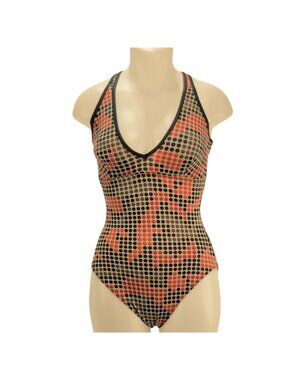 GOTTEX Blue Womens Swimsuit One-Piece Tan Brown Orange Black Dot Pattern Size 10